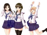  adjusting_hair arms_up bag black_hair black_legwear braid brown_eyes brown_hair closed_eyes flower hair_flower hair_ornament hair_over_shoulder hanasaku_iroha itou_kanae leg_up long_hair matsumae_ohana mizuki_(mizuki_ame) multiple_girls open_mouth oshimizu_nako school_bag school_uniform seiyuu_connection serafuku short_hair skirt smile thighhighs to_aru_kagaku_no_railgun to_aru_majutsu_no_index toyosaki_aki tsurugi_minko twin_braids 