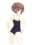  adjusting_clothes adjusting_swimsuit ass back blush brown_hair competition_school_swimsuit cropped_legs from_behind leotard looking_back meito_(maze) one-piece_swimsuit original purple_eyes short_hair short_twintails smile solo swimsuit twintails 