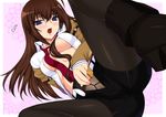  belt blue_eyes breasts brown_hair cleavage groin gusset legwear_under_shorts long_hair makise_kurisu medium_breasts necktie panties panties_under_pantyhose pantyhose red_neckwear shichimenchou shiny shorts skin_tight solo steins;gate underwear white_panties 