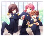  blue_eyes brown_eyes brown_hair daqshu eating inazuma_eleven_(series) inazuma_eleven_go kirino_ranmaru matsukaze_tenma multiple_boys pink_hair rooftop school_uniform shindou_takuto 