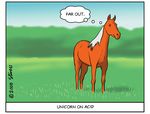  2008 acid drugged equine grass horn horse mammal mark_stivers orange_body solo thought_bubble unicorn 
