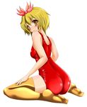  absurdres ass bad_id bad_pixiv_id blonde_hair blush hair_ornament highres looking_back one-piece_swimsuit school_swimsuit shiny shiny_clothes short_hair skindentation smile solo swimsuit tera_hiroshi thighhighs toramaru_shou touhou yellow_eyes 