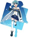  :d bare_shoulders blue_eyes blue_hair buckle cape funmatu gloves highres magical_girl mahou_shoujo_madoka_magica miki_sayaka open_mouth smile solo standing standing_on_one_leg thighhighs white_gloves white_legwear 