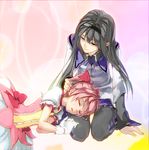  akemi_homura black_hair closed_eyes face gloves hairband highres jaga kaname_madoka lap_pillow lips long_hair lying magical_girl mahou_shoujo_madoka_magica multiple_girls on_side pantyhose pink_hair short_hair sitting sleeping twintails white_gloves 