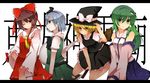  bad_id bad_pixiv_id blonde_hair blue_eyes bow brown_eyes brown_hair detached_sleeves frog green_eyes green_hair hair_bow hair_ornament hair_tubes hairband hakurei_reimu hat highres hyouka_(rat_hut) kirisame_marisa kochiya_sanae konpaku_youmu long_hair multiple_girls short_hair silver_hair snake ten_desires touhou white_hair witch_hat yellow_eyes 