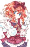  bad_id bad_pixiv_id blue_eyes bow creamer_(vessel) cup hair_bow highres moriyama_shijimi necktie original plaid red_eyes skirt solo sugar_cube teacup teapot traditional_media 