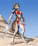  asheru bikini canine dagger desert female pose scott_ruggels skimpy solo sword unconvincing_armour warrior weapon wolf 