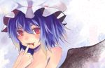 bad_id bad_pixiv_id bat_wings blood blue_hair fang finger_to_mouth hat isegawa_yasutaka nude open_mouth portrait red_eyes remilia_scarlet short_hair smile solo touhou wings 