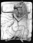  bed bed_sheet bedsheets bestiality black_and_white cuddle cuddling equine female feral greyscale horse human human_on_feral interspecies male mammal monochrome oddball_(artist) pillow sex_toy vibrator zoo 