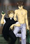  2boys dog_tags duo_maxwell gundam gundam_wing heero_yui heero_yuy male male_focus multiple_boys priest topless 