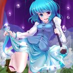  alternate_eye_color blue_eyes blue_hair geta heterochromia highres ishikkoro karakasa_obake open_mouth oriental_umbrella purple_eyes purple_umbrella rain rainbow short_hair smile solo tatara_kogasa tongue touhou umbrella water_drop 