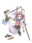  absurdres ass atelier_(series) atelier_meruru bag bangs blue_eyes blunt_bangs blush boots brown_hair cape child crotch crotch_seam hat highres ji_no jumping knee_boots long_hair mask open_mouth pantyhose rororina_fryxell scepter skirt smile solo sword weapon white_legwear younger 