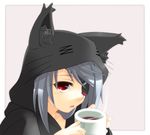  animal_ears animal_hood cat_ears cat_hood coffee cup eyepatch hood infinite_stratos laura_bodewig mug open_mouth red_eyes silver_hair solo 