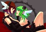  bad_id bad_pixiv_id brown_eyes brown_hair dress elbow_gloves face-to-face fingerless_gloves gloves green_eyes green_hair gumi headphones headset magnet_(vocaloid) meiko multiple_girls nez-doll open_mouth short_hair vocaloid wings yuri 