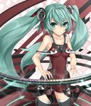  green_eyes green_hair hatsune_miku long_hair smile solo thighhighs twintails vocaloid yato 