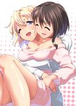  aya_shachou bare_shoulders blonde_hair blue_eyes breast_lift breasts brown_hair cleavage closed_eyes happy hug hug_from_behind large_breasts maribel_hearn multiple_girls one_eye_closed shiny shiny_skin short_hair smile touhou usami_renko yuri 