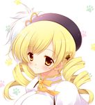  beret blonde_hair blush brown_eyes drill_hair face hat light_smile magical_girl mahou_shoujo_madoka_magica paw_print portrait shigunyan simple_background solo tomoe_mami twin_drills twintails yellow_eyes 