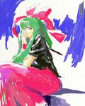  bow covering_mouth green_hair hair_bow hand_over_own_mouth kagiyama_hina lefthand long_hair red_eyes sitting sketch solo staring touhou 
