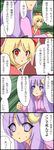  4koma bad_id bad_pixiv_id blonde_hair bow comic flandre_scarlet highres japanese_clothes long_hair moon multiple_girls nase patchouli_knowledge ponytail purple_hair red_eyes ribbon touhou translated yandere 