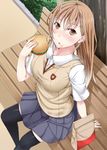  bench brown_eyes brown_hair eating food hamburger kaerunoashi long_hair misaka_mikoto older park_bench perspective school_uniform solo sweater_vest thighhighs to_aru_kagaku_no_railgun to_aru_majutsu_no_index 