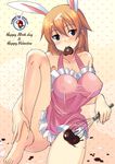  animal_ears apron barefoot blush breasts bunny_ears charlotte_e_yeager chocolate covered_nipples feet food hands_on_feet happy_birthday happy_valentine heart kyougoku_shin large_breasts mouth_hold naked_apron no_panties solo strike_witches valentine whisk world_witches_series 