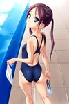  ass black_hair blue_eyes competition_swimsuit goggles highres kneepits long_hair looking_back norizou_type-r one-piece_swimsuit original pool poolside solo swimsuit twintails 