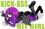  1girl arched_back bob_cut bodysuit boots cape gloves hit-girl kick-ass looking_at_viewer mask plaid pleated_skirt purple_hair simple_background skirt solo white_background wig 