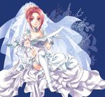  ahoge blue_background blue_eyes bow breasts bridal_veil bride choker dress flower full_body gloves high_heels kokutou_eiri lipstick looking_at_viewer makeup medium_breasts original pointing red_hair ribbon rose shoes short_hair sitting smile solo sword thigh_strap thighhighs veil weapon wedding wedding_dress white_choker white_dress white_flower white_rose 