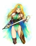  armor blonde_hair blue_eyes breasts cape celes_chere cowboy_shot cropped_legs final_fantasy final_fantasy_vi green_leotard headband highleg highleg_leotard kara_(color) large_breasts legs leotard long_hair sideboob smile solo sword thighhighs thighs weapon 