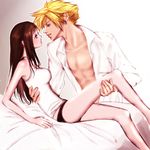  1boy 1girl black_panties blonde_hair brown_hair cloud_strife co-ro couple dress_shirt female final_fantasy final_fantasy_vii long_hair lying male panties shirt short_hair spiked_hair spiky_hair tifa_lockhart underwear white_shirt 