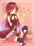  bad_id bad_pixiv_id bag boots bow cosplay doughnut eating fang food hair_bow kyubey long_hair mahou_shoujo_madoka_magica mister_donut paper_bag pon_de_lion pon_de_lion_(cosplay) pon_de_ring ponytail red_eyes red_hair sakura_kyouko shidomura sitting solo thighhighs 