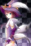  alternate_costume brown_hair dress feathers gloves goggles green_eyes hat highres jewelry lipstick makeup midriff ribbon rita_mordio serious short_hair solo taira_shinki tales_of_(series) tales_of_vesperia witch witch_hat 