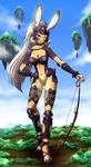  animal_ears bow_(weapon) breasts bunny_ears cleavage dark_skin female final_fantasy final_fantasy_xii fran full_body leotard long_hair midriff nail_polish nature nokogame outdoors red_eyes silver_hair sky solo viera weapon 