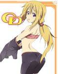  ass bike_shorts blonde_hair blush charlotte_dunois highres iga_tamaki infinite_stratos long_hair looking_back ponytail purple_eyes simple_background solo undressing 