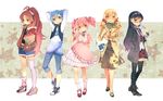  akemi_homura alternate_costume apple arms_behind_head bag belt black_eyes black_hair blonde_hair blue_eyes blue_hair blush book capri_pants casual choker denim denim_shorts dress drill_hair fashion food frills fruit glasses grin hairband hand_in_pocket jacket kaname_madoka lineup long_hair mahou_shoujo_madoka_magica mary_janes miki_sayaka mismatched_legwear multiple_girls necktie pants pink_eyes pink_hair pink_legwear plaid plaid_skirt pleated_skirt pocky ponytail puffy_sleeves red-framed_eyewear red_eyes red_hair sakura_kyouko scarf shoes short_hair short_twintails shorts skirt smile sneakers striped striped_legwear thighhighs tomoe_mami twintails ushi_(newrein) 