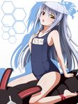  barefoot between_thighs blush flat_chest hand_on_own_chest heterochromia highres infinite_stratos laura_bodewig long_hair name_tag negija no_eyepatch one-piece_swimsuit school_swimsuit silver_hair sitting solo swimsuit 