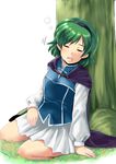  black_hairband cape closed_eyes drooling fire_emblem fire_emblem:_rekka_no_ken green_hair hairband kuze nino_(fire_emblem) short_hair skirt sleeping solo tree 