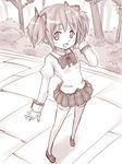  bad_id bad_pixiv_id blush kaname_madoka mahou_shoujo_madoka_magica mitakihara_school_uniform monochrome open_mouth school_uniform short_hair short_twintails smile solo thighhighs twintails umeboshitora 