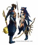  1girl aji_(ajiopen) armor arrow black_hair boots bow_(weapon) brown_hair gloves green_eyes hammer huge_weapon long_hair monster_hunter nargacuga_(armor) weapon 