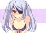  bent_over bikini bikini_top blush collarbone embarrassed eyepatch infinite_stratos laura_bodewig lavender_hair leaning_forward long_hair mayachi_(amuriya) red_eyes silver_hair solo string_bikini sweatdrop swimsuit twintails v_arms 