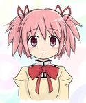  bad_id bad_pixiv_id blush hair_ribbon kaname_madoka mahou_shoujo_madoka_magica mitakihara_school_uniform pink_eyes pink_hair ribbon school_uniform shishamo_(scholacco) short_twintails smile solo twintails 