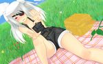 bare_shoulders blush cloud clouds eyepatch highres infinite_stratos laura_bodewig naked_overalls overalls picnic red_eyes sky solo twintails white_hair 
