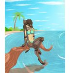  bikini canine clothed clothing female green_eyes kissaartist looking_at_viewer mammal seaside sitting skimpy solo swimsuit wolf 
