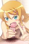  blue_eyes breasts censored fang hair_ornament hair_pin hairpin kousaka_kirino oral oral_sex orange_hair ore_no_imouto_ga_konna_ni_kawaii_wake_ga_nai peace_sign v 