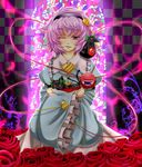  absurdres archienemy dress flower hairband heart highres kaenbyou_rin kaenbyou_rin_(cat) komeiji_satori one_eye_closed petals purple_eyes purple_hair red_eyes red_flower red_rose reiuji_utsuho reiuji_utsuho_(bird) rose stained_glass touhou 