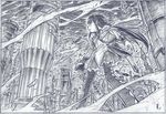  akemi_homura battle city greyscale long_hair magical_girl mahou_shoujo_madoka_magica monochrome pantyhose rocket_launcher rpg sakino_shingetsu solo traditional_media weapon 