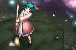  animal_ears aqua_eyes aqua_hair bamboo_broom broom cherry_blossoms circlek dutch_angle green_eyes green_hair kasodani_kyouko lantern night petals short_hair smile solo standing stone_lantern touhou 