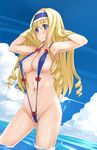  armpits arms_up blonde_hair blue_eyes blue_hairband breasts cecilia_alcott cleavage covered_nipples curly_hair drill_hair dutch_angle groin hairband infinite_stratos large_breasts long_hair navel ribbon sideboob slingshot_swimsuit smile solo swimsuit underboob yokaze_japan 