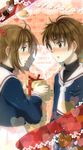  1girl blush brown_eyes brown_hair cardcaptor_sakura eye_contact gift green_eyes happy_valentine holding holding_gift kinomoto_sakura kuro-eri li_xiaolang looking_at_another school_uniform serafuku short_hair tomoeda_elementary_school_uniform valentine 