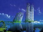  blue_sky building flower grass landscape no_humans overgrown reflection ruins scenery sky water 